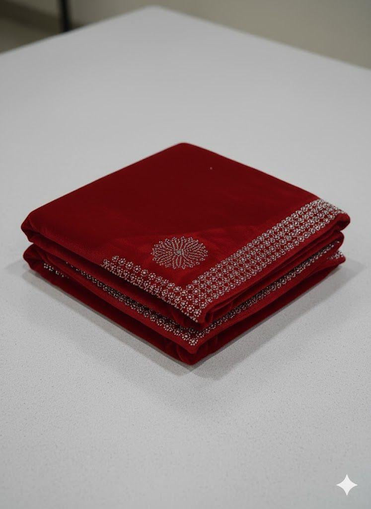 MICRO VALVET LADEIS SHAWL BEAUTIFUL STONE WORK RED (WA-340)