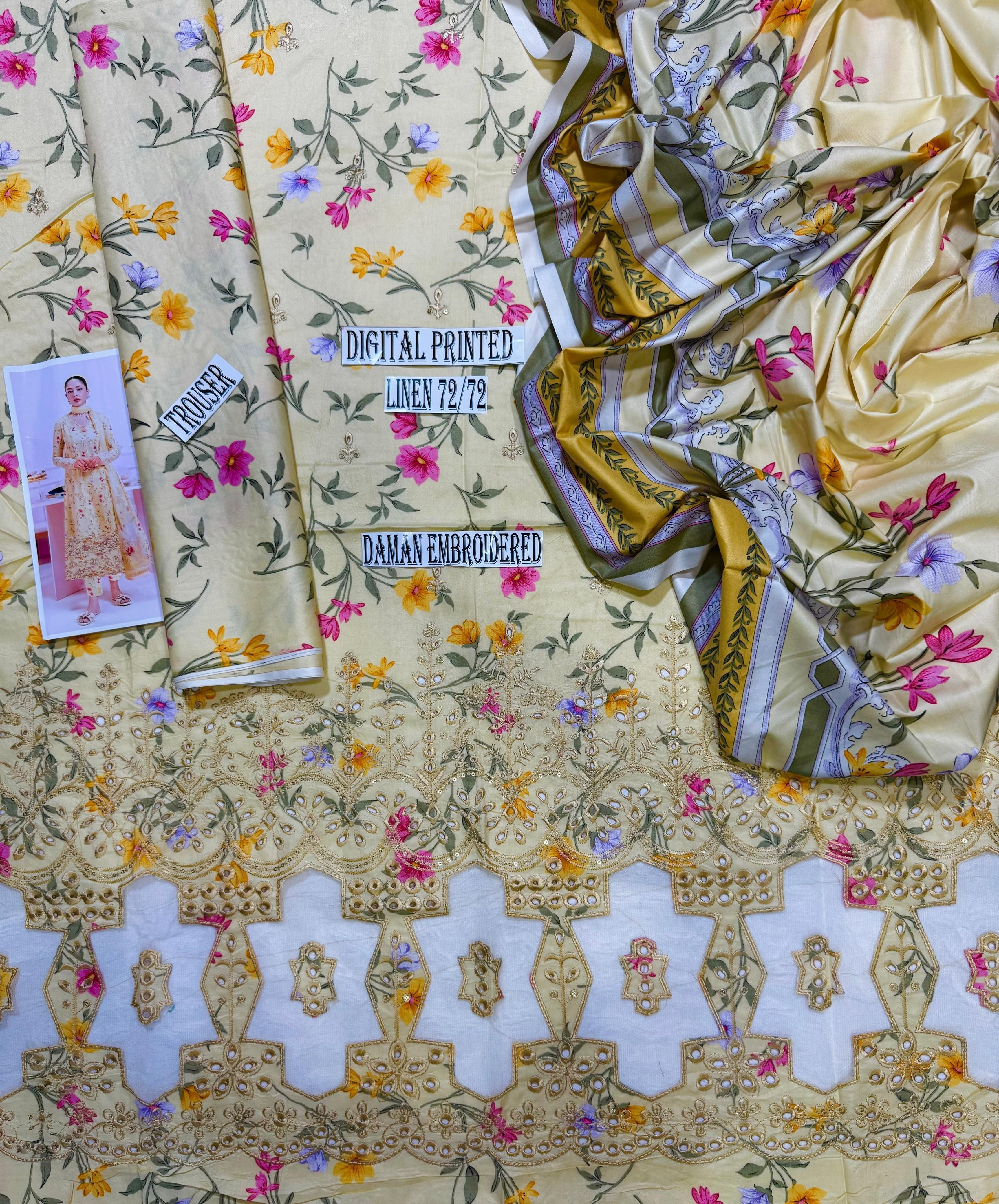 QALAMKAR APPLIC WORK LINEN UNSTICH 3pc(WA-834)