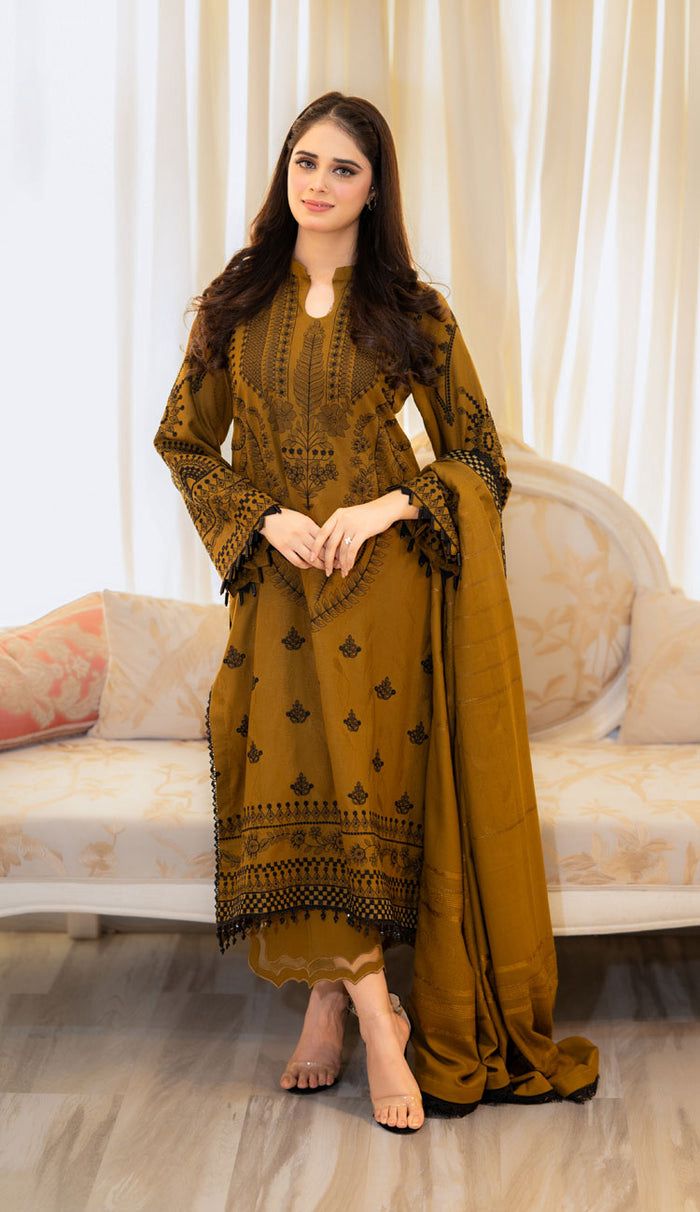 LIBASS MUSTERD DHANK EMBROIDERD UNSTICHED 3pc DHANAK EMBROIDERED SHAWL (WA-650)