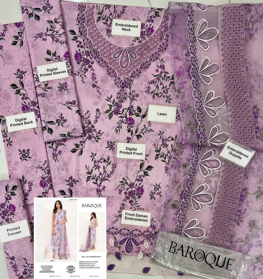 Baroque Embroidered Lawn Print 3pc SL-7892