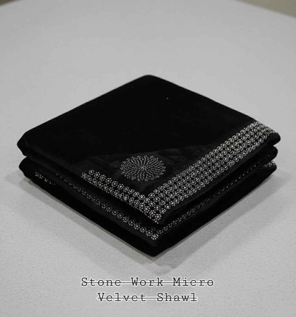 MICRO VALVET LADEIS SHAWL BEAUTIFUL STONE WORK BLACK (WA-990)