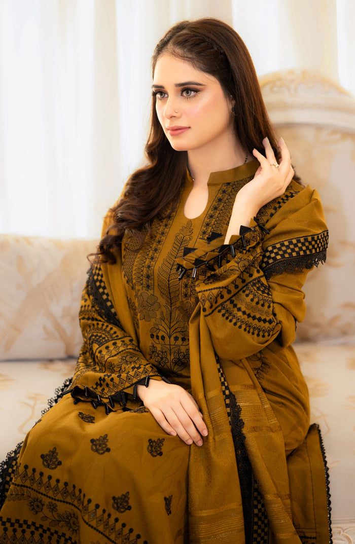 LIBASS MUSTERD DHANK EMBROIDERD UNSTICHED 3pc DHANAK EMBROIDERED SHAWL (WA-650)