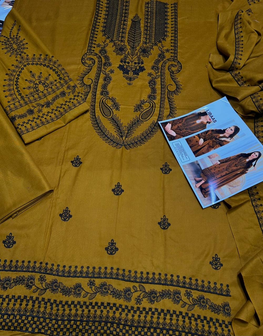 LIBASS MUSTERD DHANK EMBROIDERD UNSTICHED 3pc DHANAK EMBROIDERED SHAWL (WA-650)