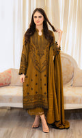 LIBASS MUSTERD DHANK EMBROIDERD UNSTICHED 3pc DHANAK EMBROIDERED SHAWL (WA-650)