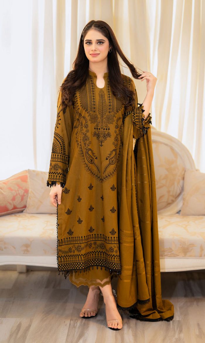 LIBASS MUSTERD DHANK EMBROIDERD UNSTICHED 3pc DHANAK EMBROIDERED SHAWL (WA-650)