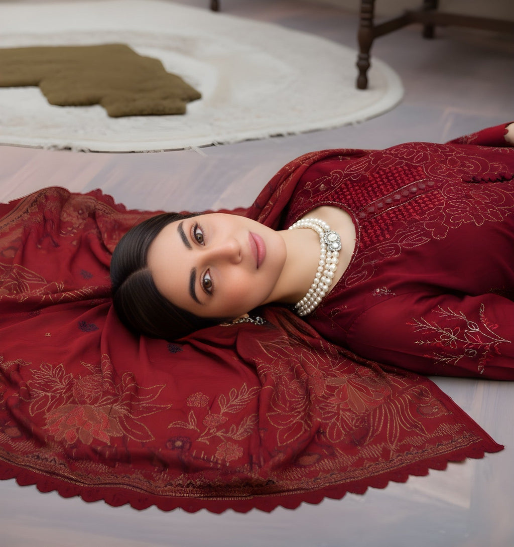 “BAVLI” BY ZIMAL TEXTILE SLUB VISCOS EMBROIDERD APPLIC WORK UNSTICHED 3pc WA-574