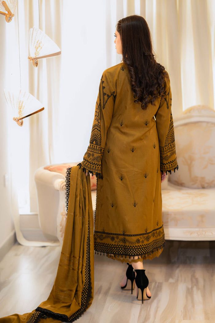 LIBASS MUSTERD DHANK EMBROIDERD UNSTICHED 3pc DHANAK EMBROIDERED SHAWL (WA-650)