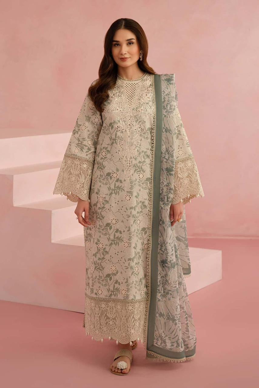 AFROZEH LUXE DAMAN LASE KARI LINEN UNSTICH 3pc(WA-759)